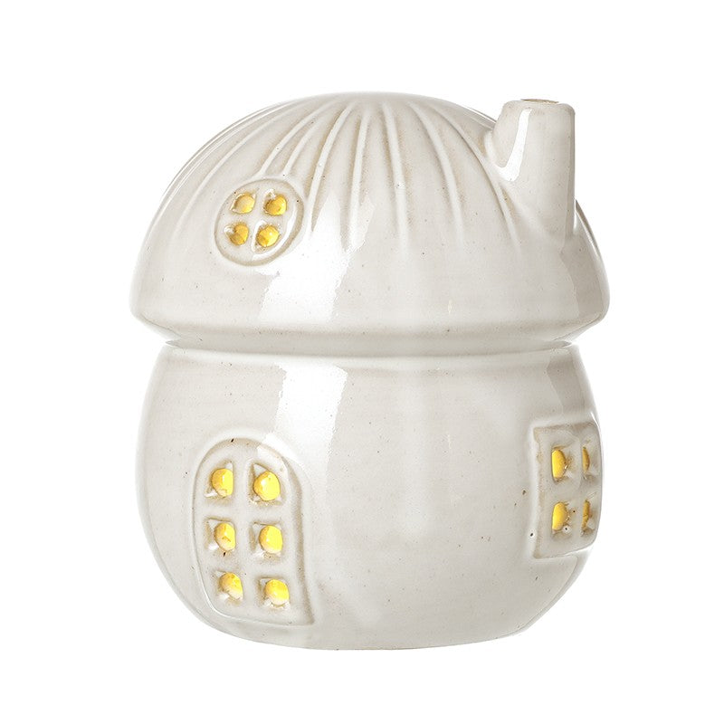 Shabbyquins light-up porcelain mushroom house ornament with glowing windows, available in two styles, decorative garden or shelf display