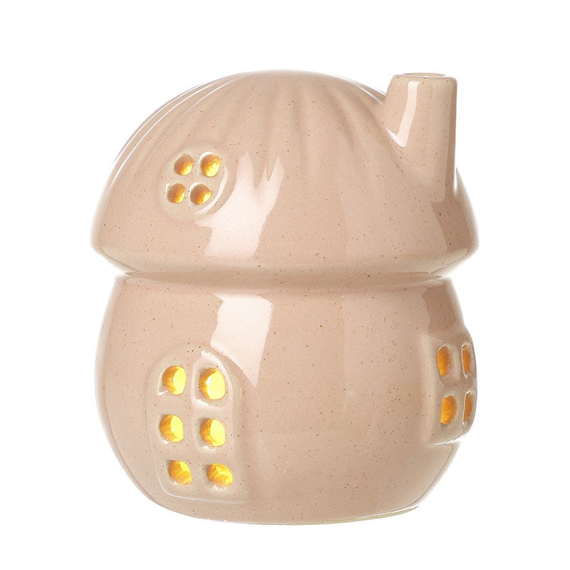 Shabbyquins light-up porcelain mushroom house ornament with two styles, featuring a whimsical, glowing ceramic mushroom design.
