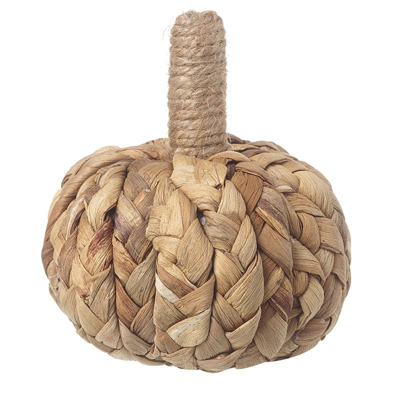 Natural knitted raffia and hessian pumpkins for Halloween, handcrafted by Sable Homeware, with textured rustic appearance.