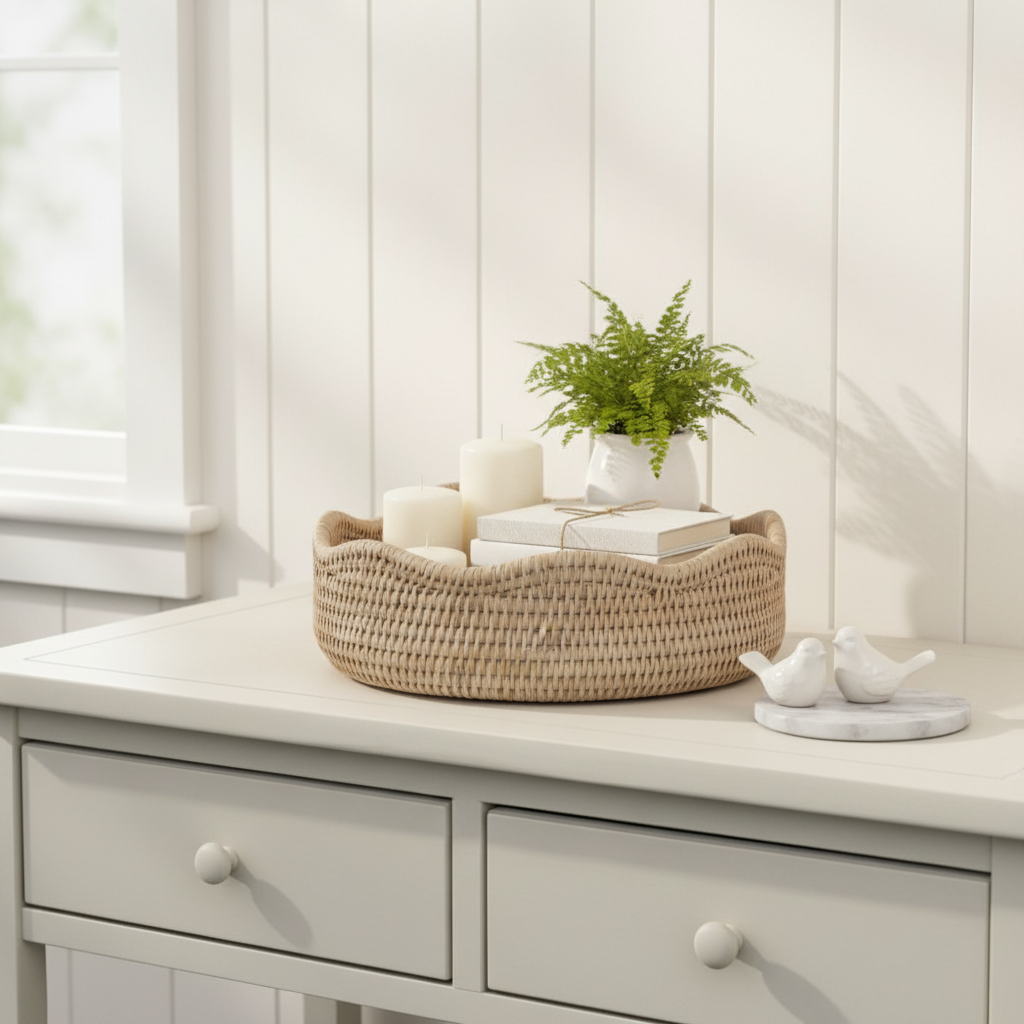 Scalloped round rattan basket by Sable Homeware, natural woven basket with decorative scalloped edges for storage or decor.