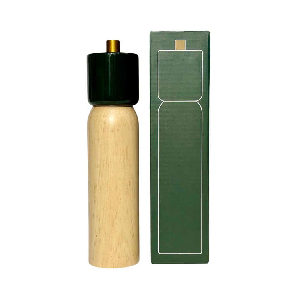 Large green salt and pepper grinder from Sable Homeware, stylish table accessory with adjustable grind settings.