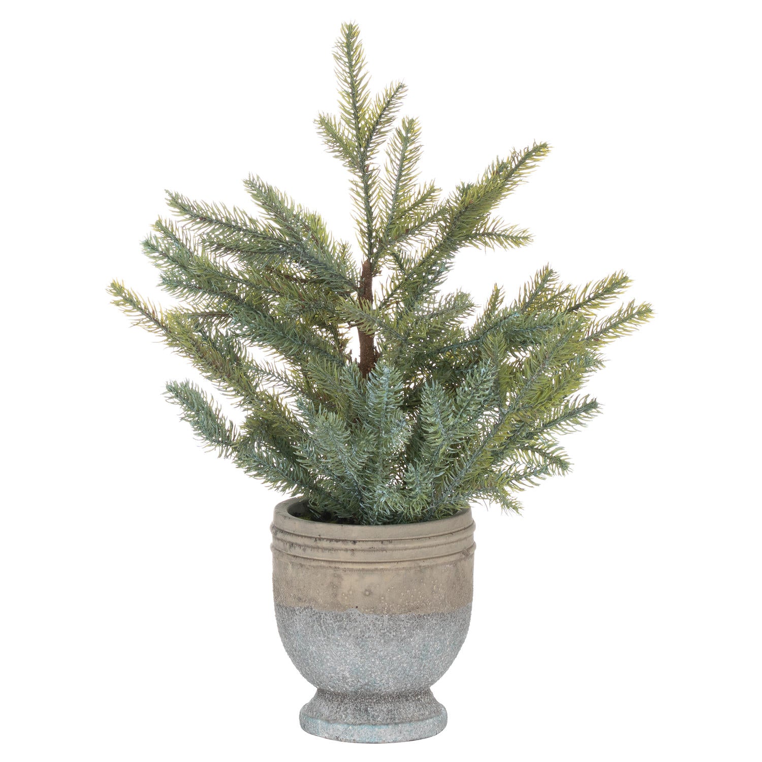 Artificial pine tree wreath in a stone pot, featuring lush green foliage for natural holiday or decorative display.