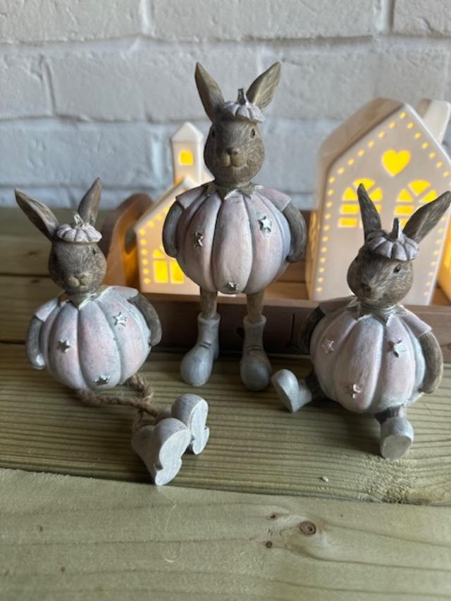 Pink Halloween pumpkin rabbit ornaments by Shabbyquins, featuring three different styles, displayed as decorative holiday ornaments.