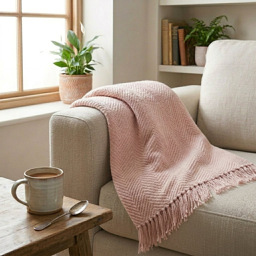 Pink Chevron recycled cotton throw blanket by Sable Homeware, soft and cozy with a stylish chevron pattern.