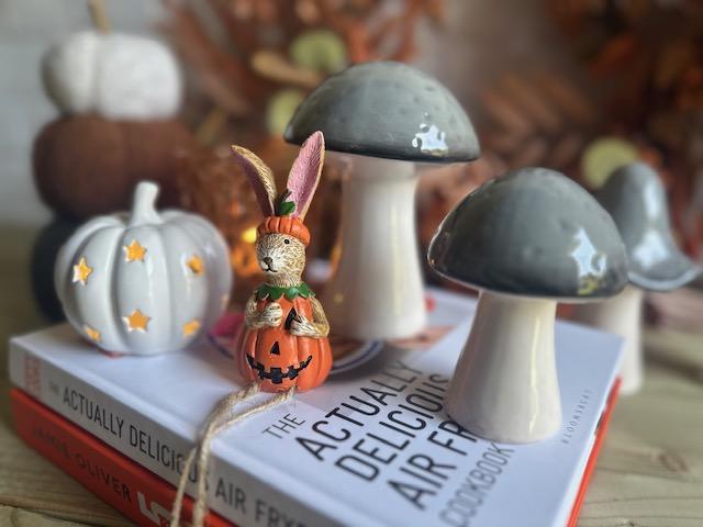 Sable Homeware Halloween rabbit ornament featuring a pumpkin-shaped bunny with festive orange and black details.