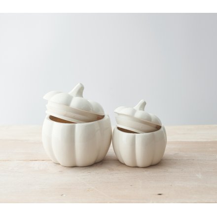 Shabbyquins glazed ceramic pumpkin pots for Halloween, featuring vibrant orange pumpkins with a glossy finish and detailed stems.