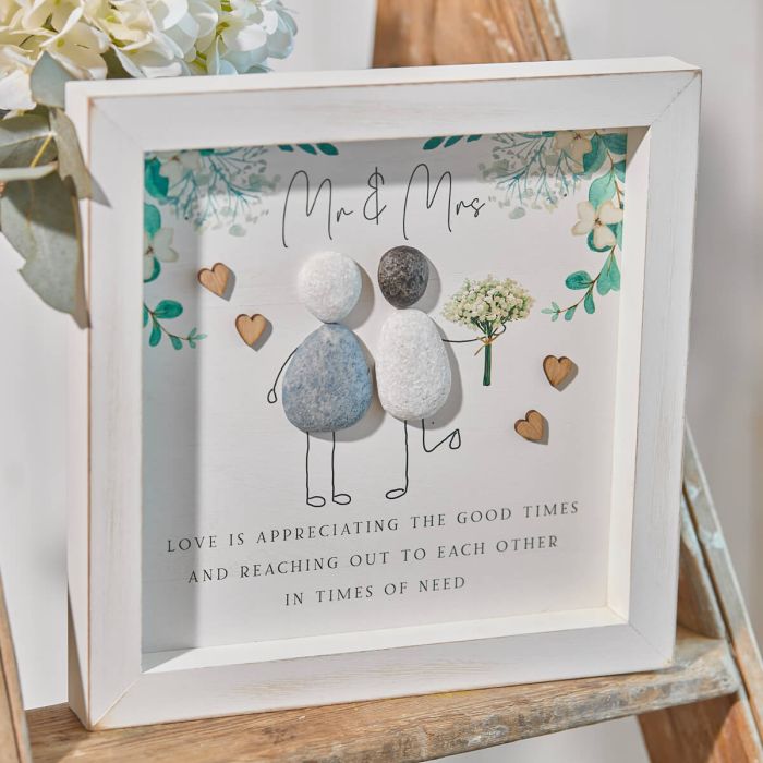 Mr & Mrs Pebble framed wooden plaque, wedding wall decoration with natural pebble design, ideal for romantic home decor.