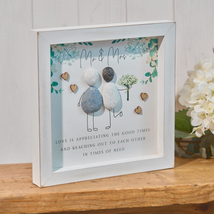 Mr & Mrs Pebble framed wooden plaque featuring a wedding-themed design, perfect for wall or hanging decorations.