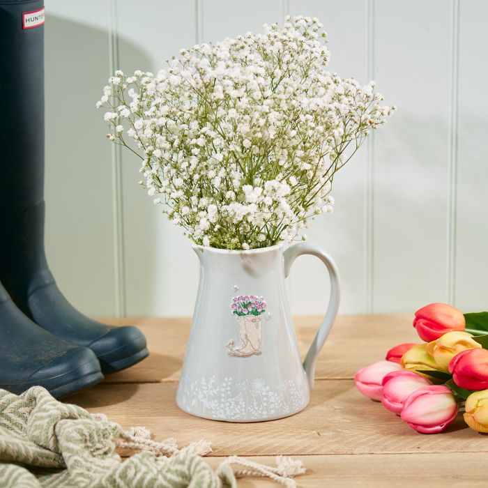 Grey ceramic vase shaped like wellies with flowers, from Shabbyquins Wellies & Flowers collection.