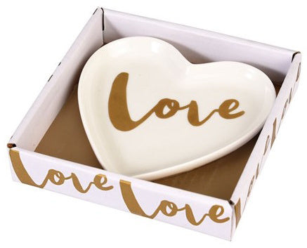 Ceramic heart-shaped love dish jewelry box by Sable Homeware, featuring a smooth white ceramic finish and decorative heart design.