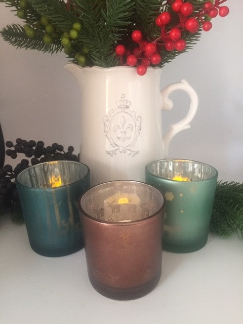 Woodland-themed Sable Homeware Christmas tealight holder with festive forest design, perfect for holiday candle displays.
