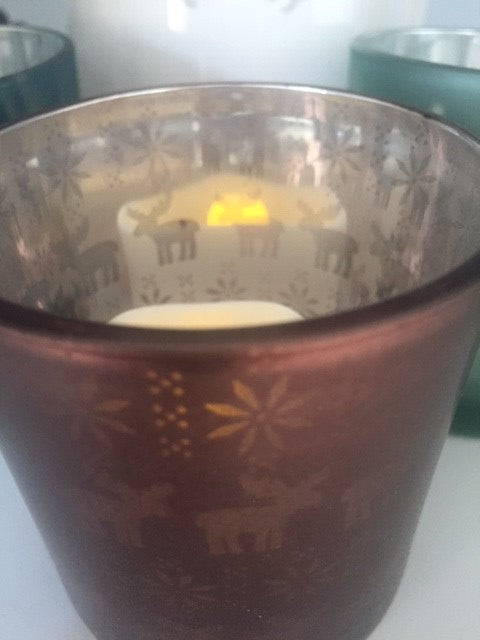 Woodland Christmas tealight candle holder by Sable Homeware with festive woodland design and open top for tealight placement.