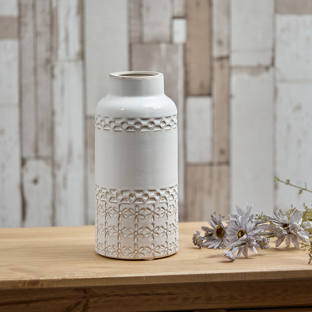White Petal Embossed Vase by Sable Homeware, elegant ceramic vase with floral petal design, ideal for home decor.