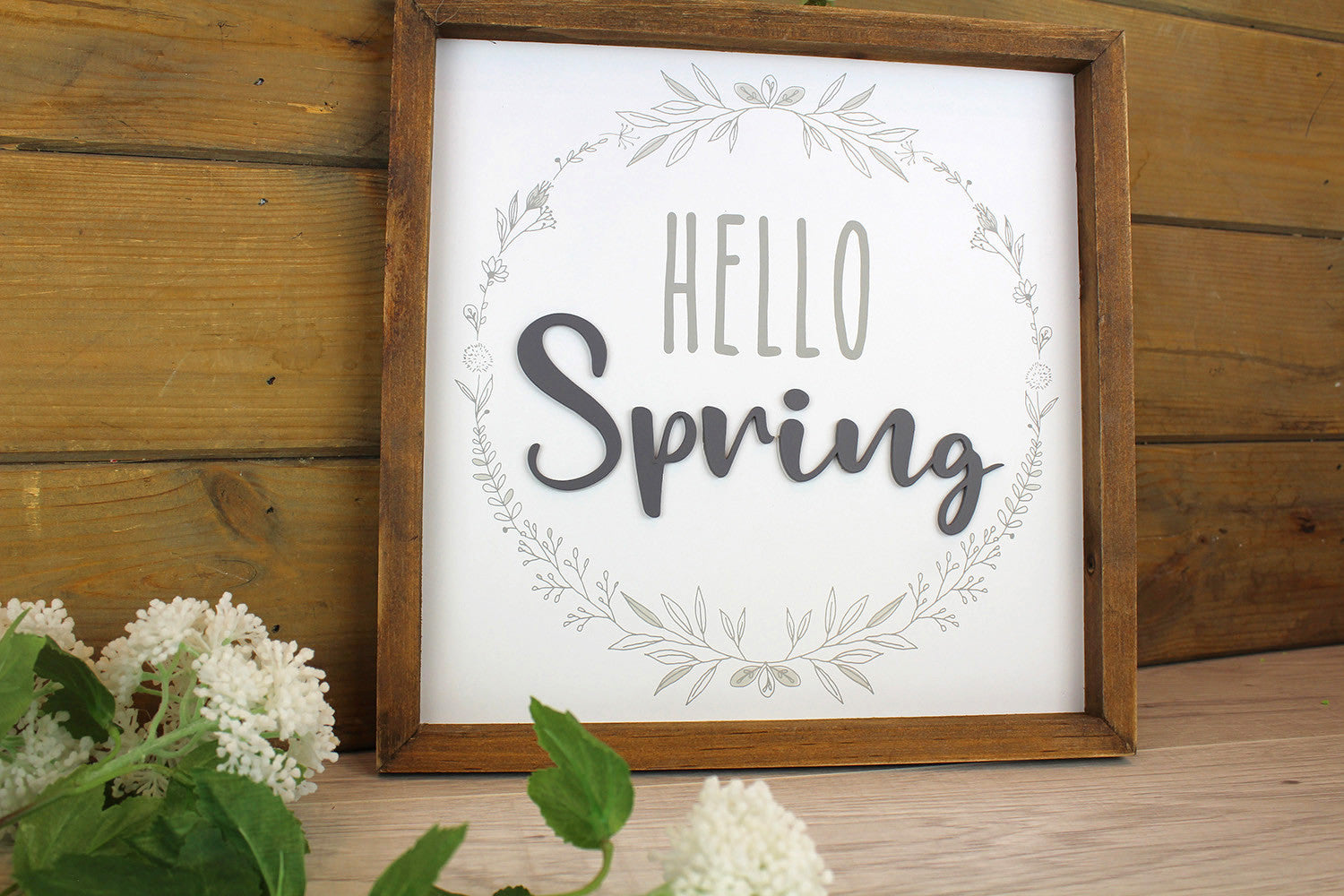 Shabbyquins Hello Spring framed plaque wall decoration with floral design and rustic wooden frame for seasonal decor.