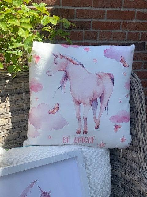 Shabbyquins Be Unique cushion with matching picture, soft fabric cushion and decorative wall art displayed together