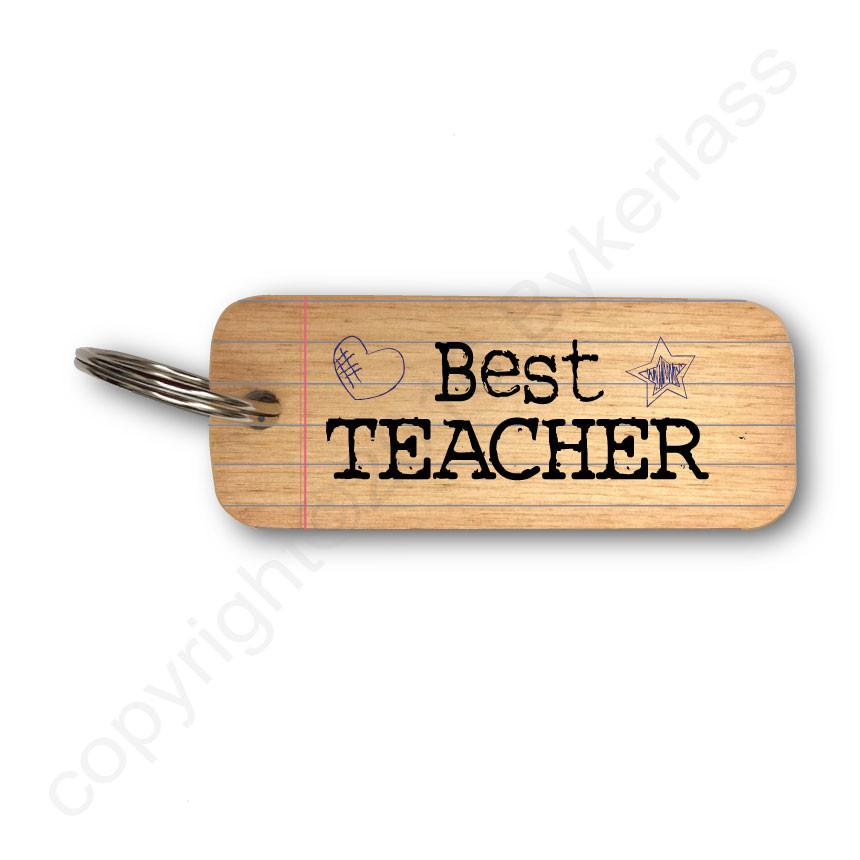 Handmade chunky wooden keyring with engraved "Best Teacher" text by Sable Homeware, featuring a natural wood finish.