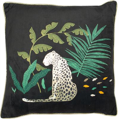 Leopard In Jungle Cushion by Sable Homeware, black velvet feel with gold piping