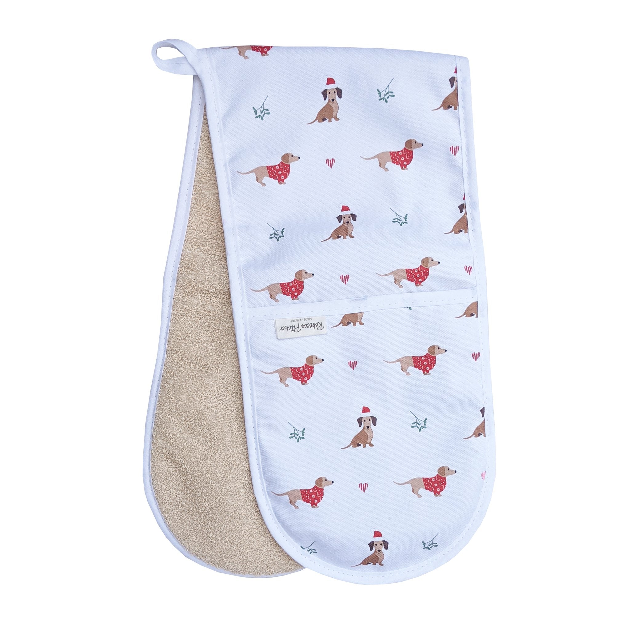 Rebecca Pitcher double oven glove featuring festive dachshund design from Sable Homeware, made of durable fabric for kitchen use.