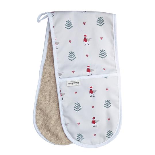 Rebecca Pitcher double oven glove by Sable Homeware with Robin design, featuring colorful printed fabric for kitchen safety.