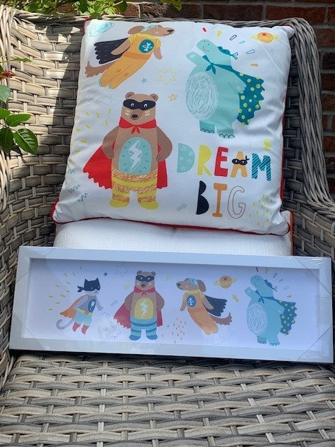 Shabbyquins Dream Big cushion with matching picture, soft fabric throw pillow featuring inspirational text and decorative design.