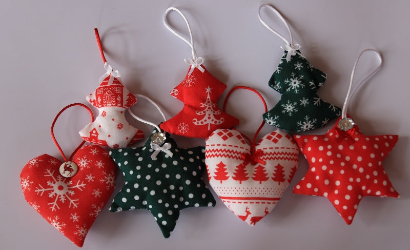 Handmade Christmas tree decorations by Sable Homeware, velvet and felt stars and hearts