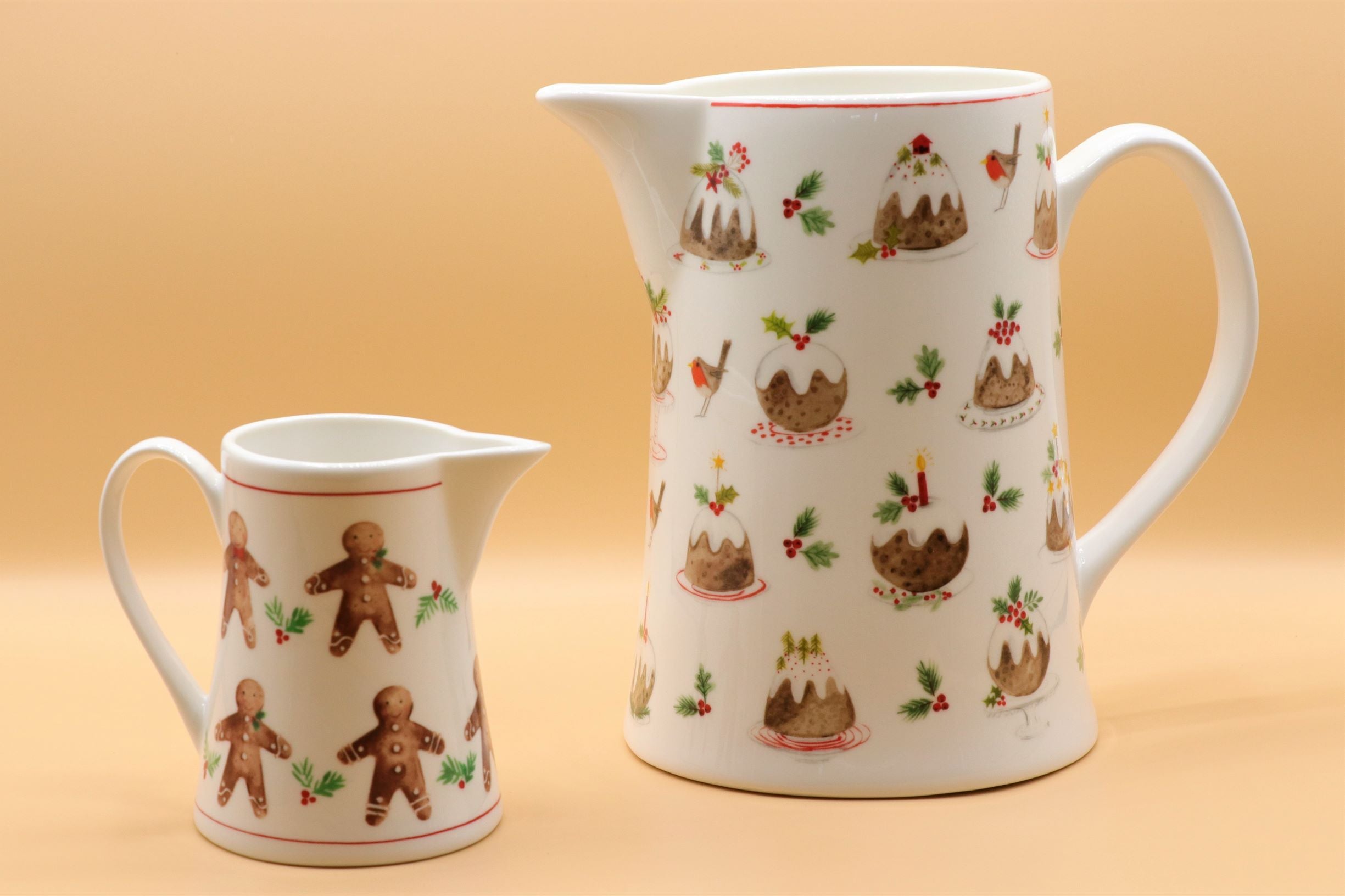 Shabbyquins festive bone china jug featuring gingerbread and plum pudding design, perfect for holiday tableware.