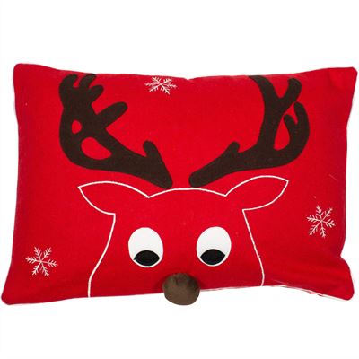 Prancer Christmas Cushion by Sable Homeware, red felt reindeer head with pom pom nose