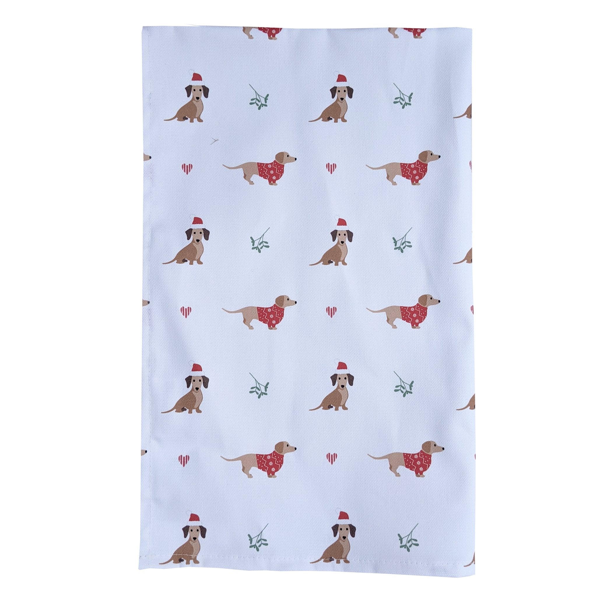 Rebecca Pitcher tea towel by Sable Homeware featuring festive dachshund designs, perfect for home decor.