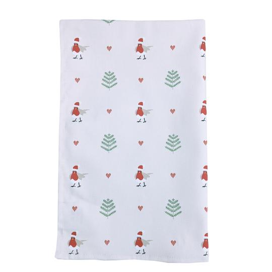 Rebecca Pitcher tea towel by Sable Homeware featuring robin design, showcasing vibrant bird illustration on soft fabric.
