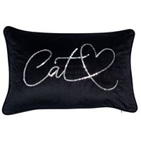 Black velvet Cat cushion by Sable Homeware with sequin writing and velvet piping