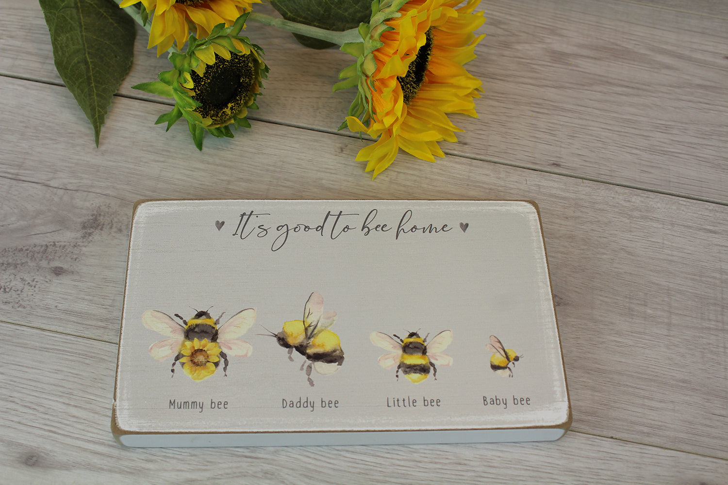 Sunflower and bee family block decor by Sable Homeware, featuring a charming family of four in natural wood finish.