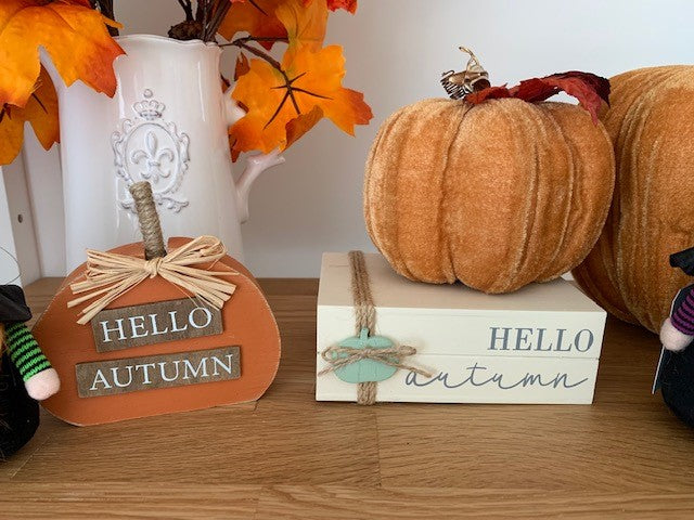 Orange velvet pumpkins decorative ornaments by Shabbyquins, showing two sizes with textured fabric and festive Halloween style.