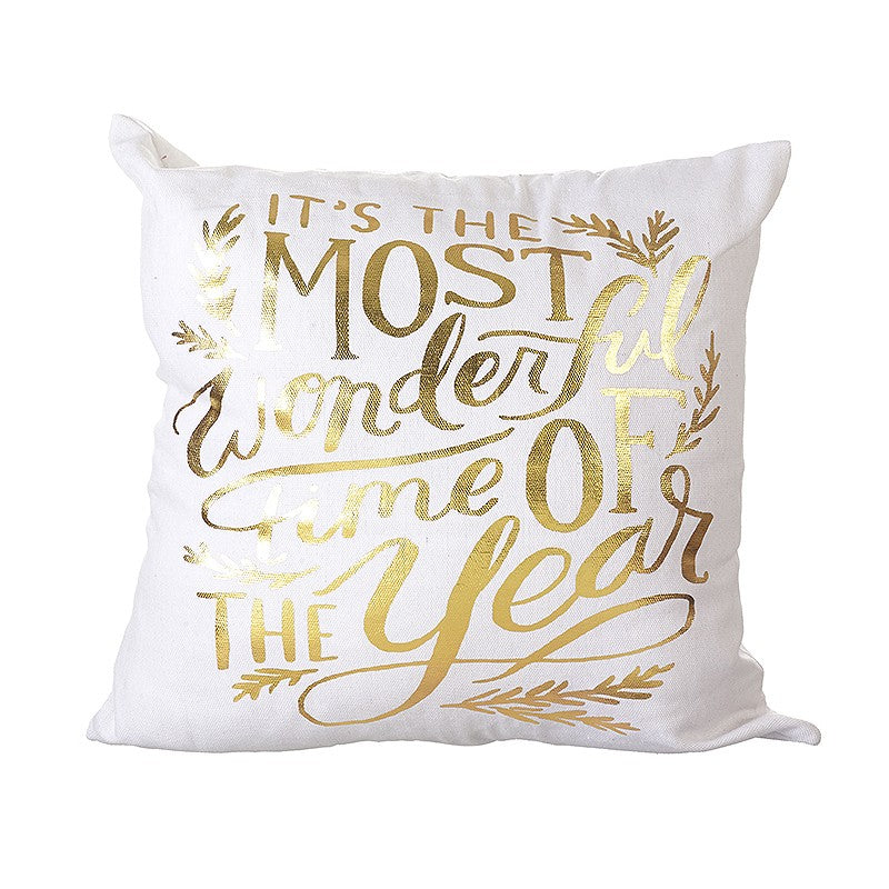 Most Wonderful Time Christmas Cushion by Sable Homeware with gold lettering on festive ground