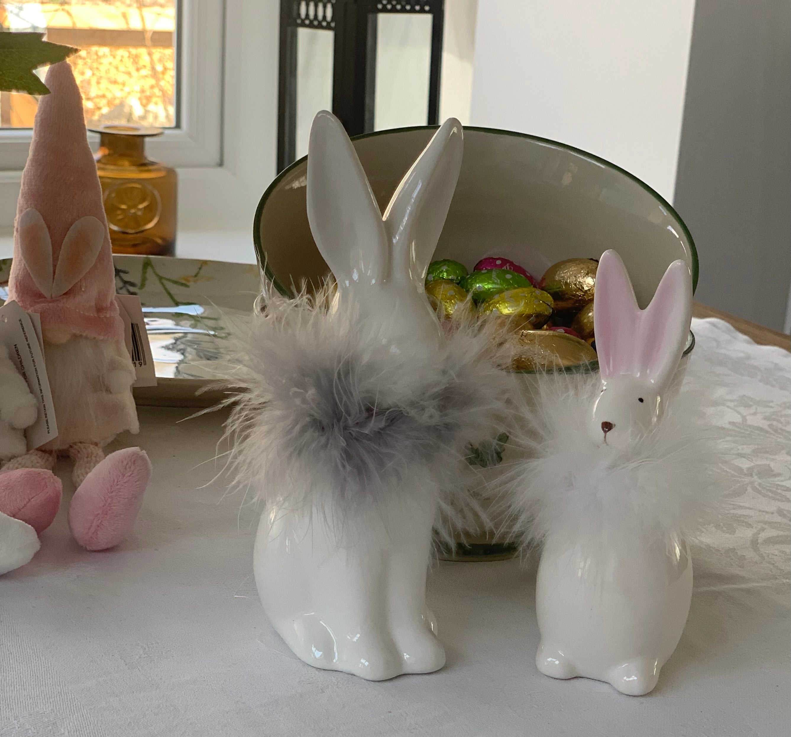 Set of 2 small ceramic rabbits with feathered necks, featuring a cute design by Shabbyquins, ideal for home decor.