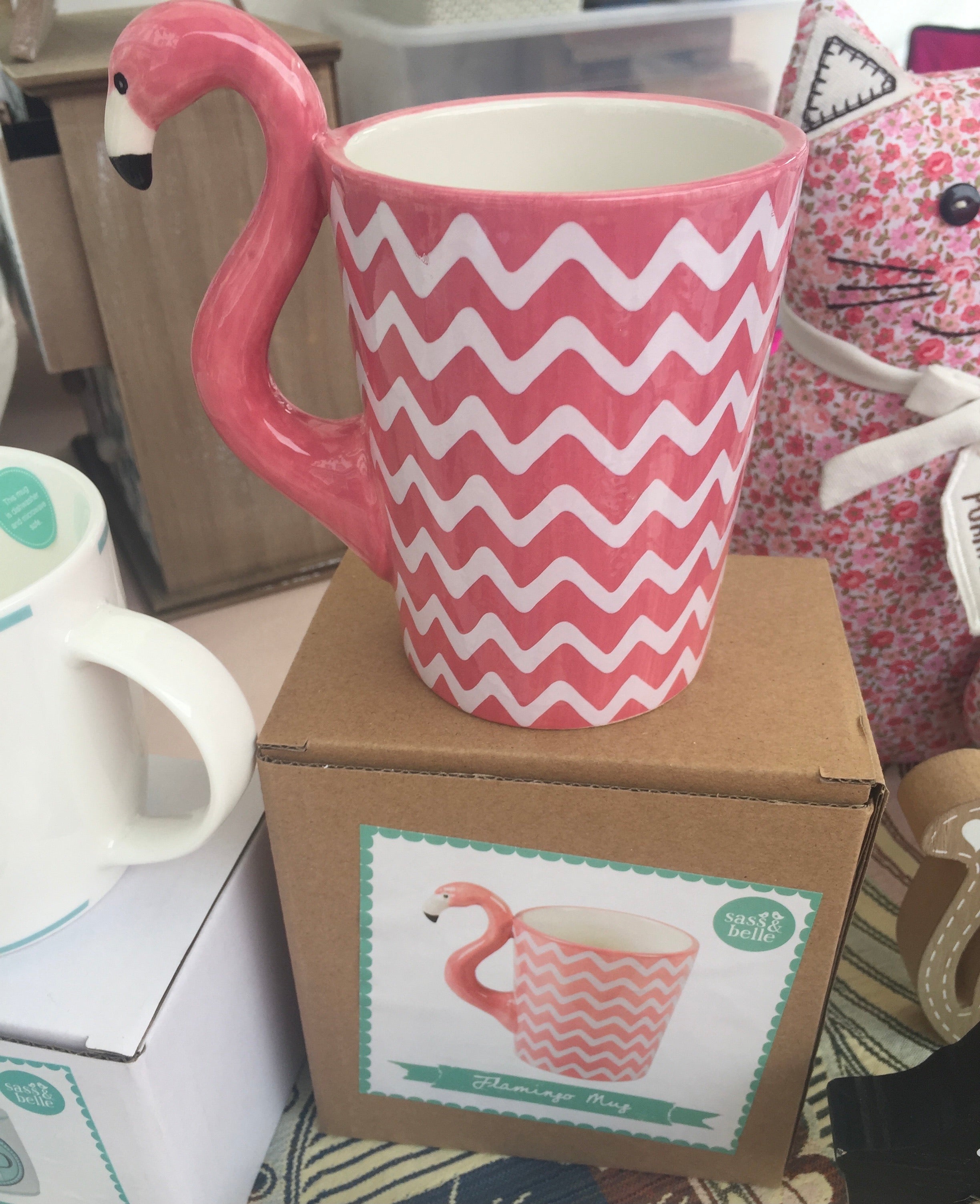 Shabbyquins Flamingo Zig Zag mug featuring a colorful zigzag pattern and a flamingo design on a ceramic coffee mug.