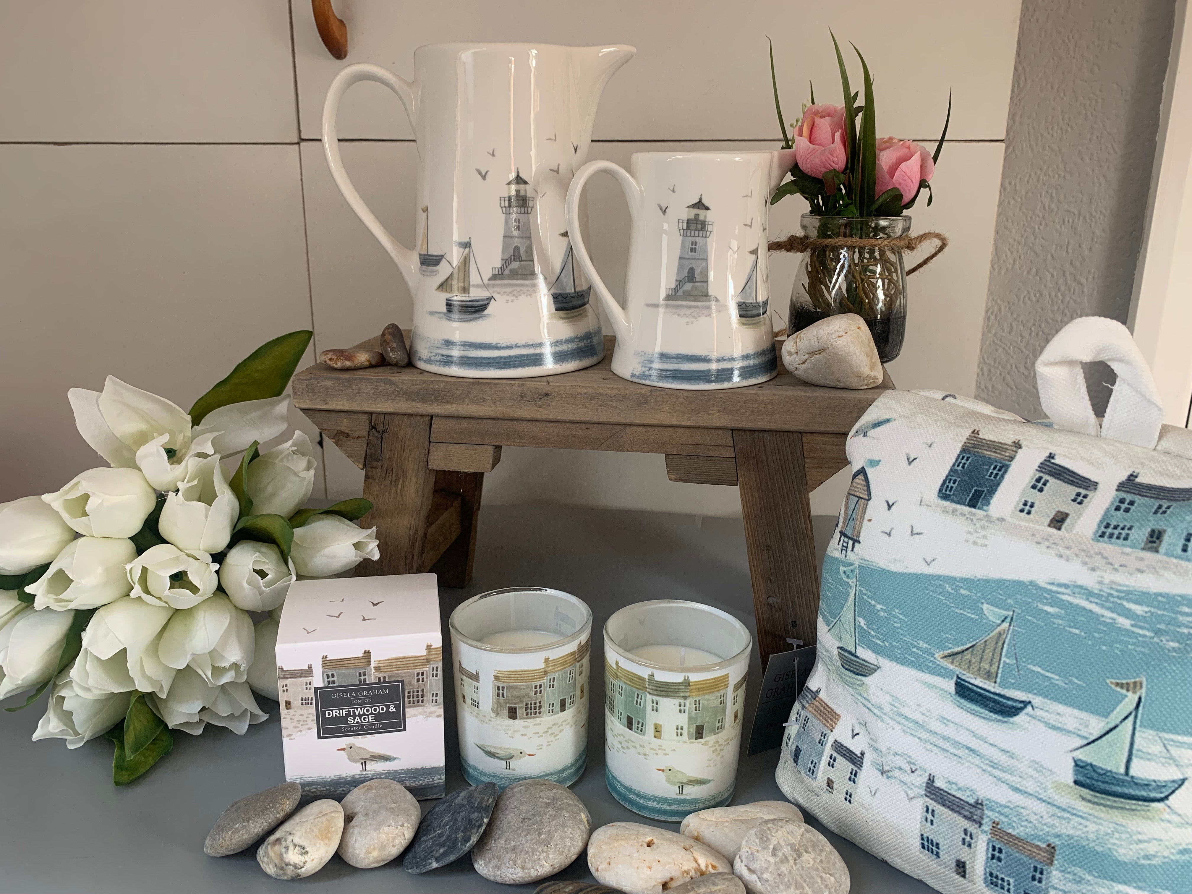 Ceramic driftwood and sage jug by Sable Homeware, coastal grey and blue design, shown in two sizes.
