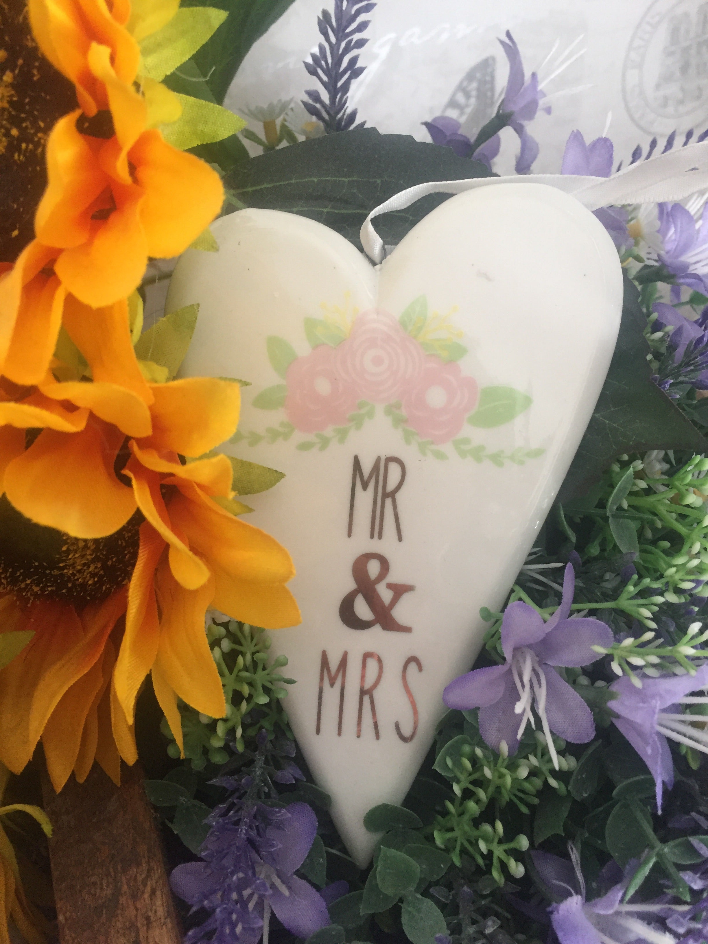 Ceramic Mr & Mrs Heart by Sable Homeware — white ceramic hanging heart with floral detail and Mr & Mrs lettering, ribbon included.