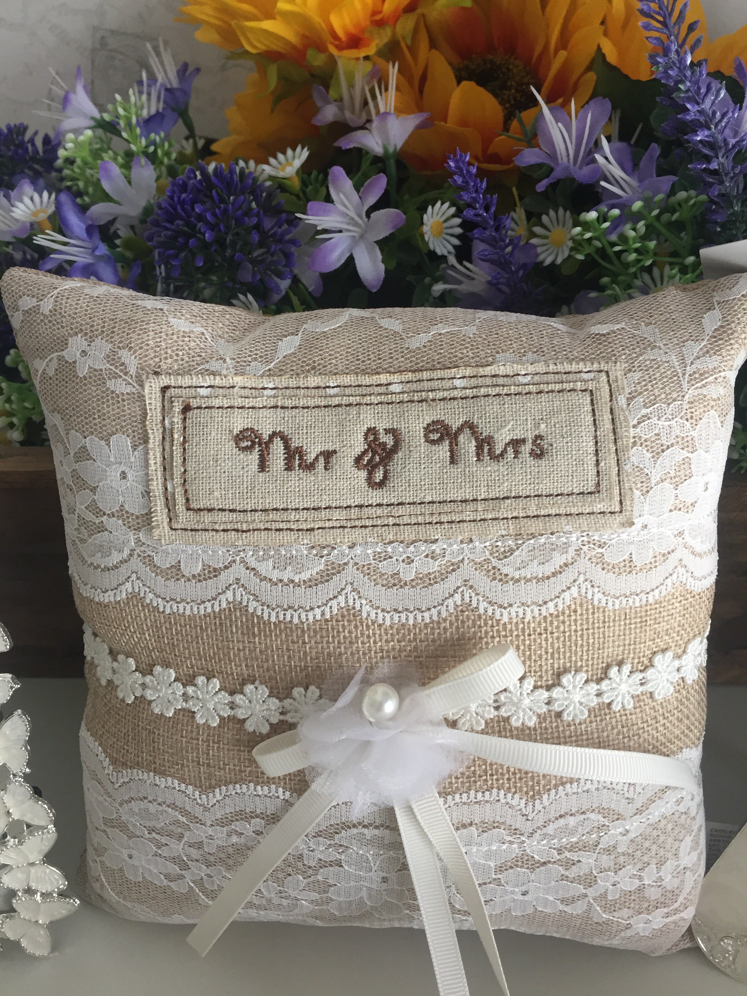 Shabbyquins Mr & Mrs wedding cushion with elegant embroidered text, soft fabric, perfect for wedding decor or keepsake.