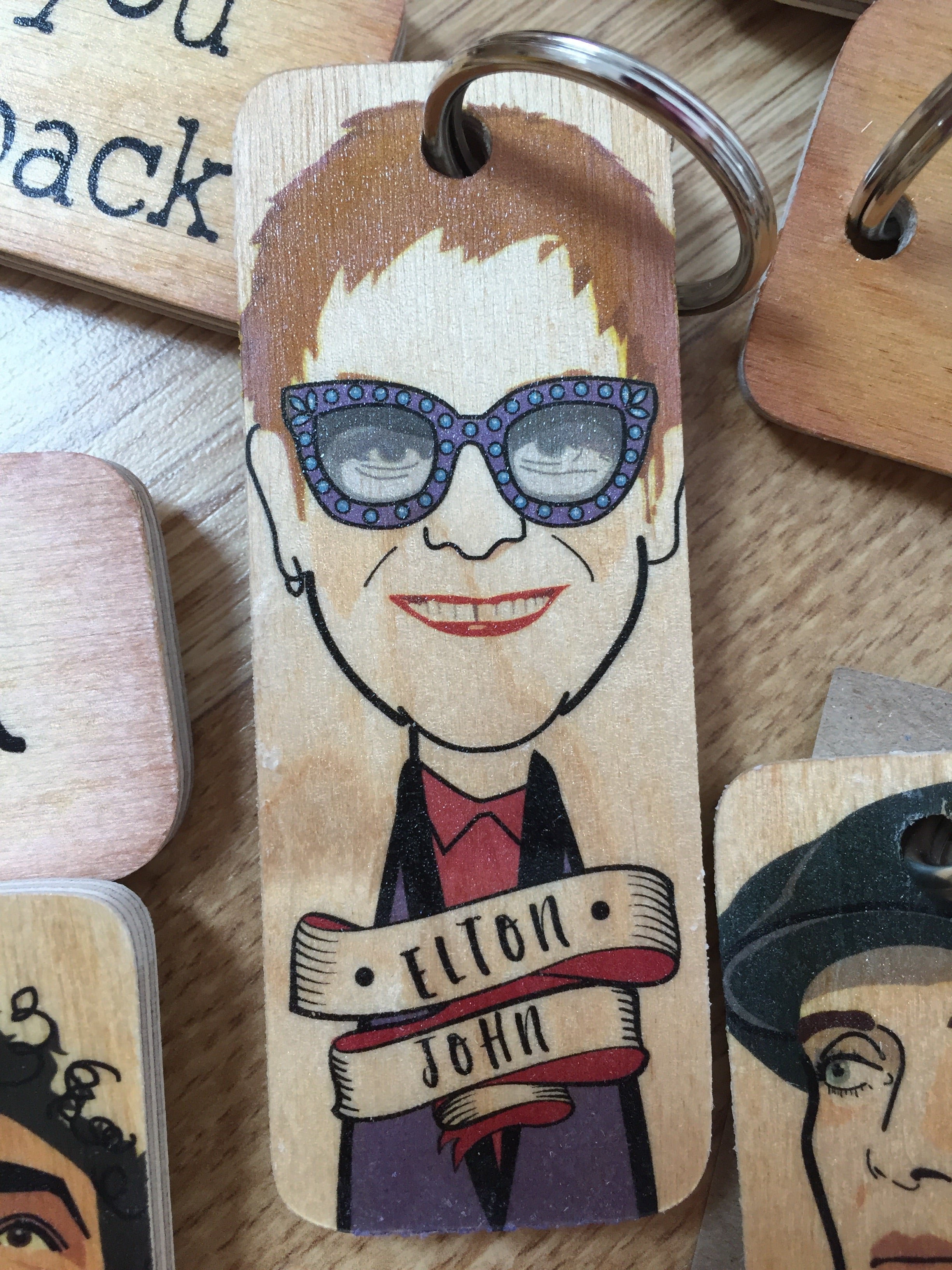 Handmade chunky wooden keyring by Sable Homeware with natural wood finish and sturdy metal keyring attachment.