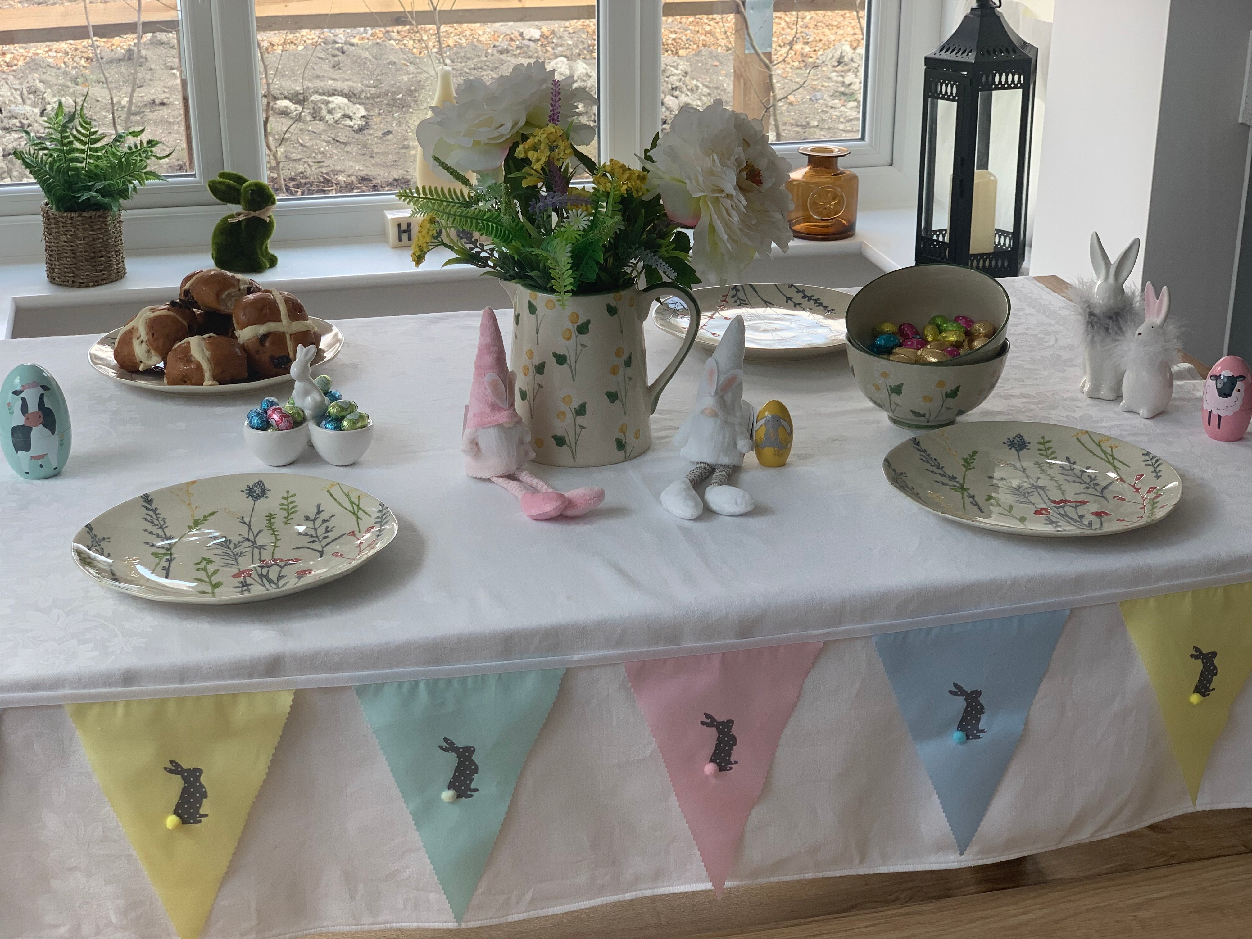Easter Bunny bunting by Sable Homeware featuring colorful bunny shapes hanging on string for festive holiday decor