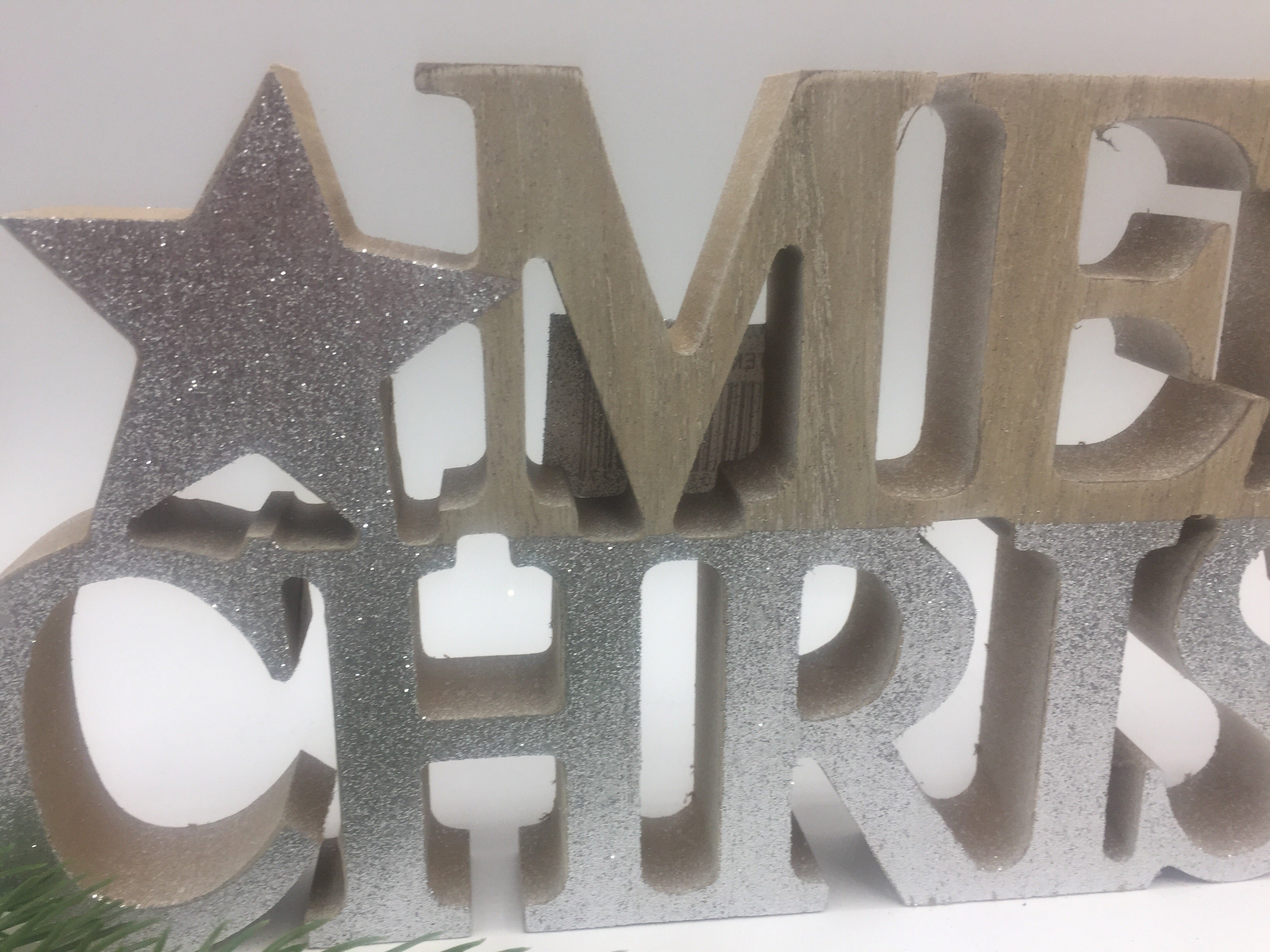 Sable Homeware Christmas wooden standing words decoration with "Merry Christmas" in two design options, holiday home decor.
