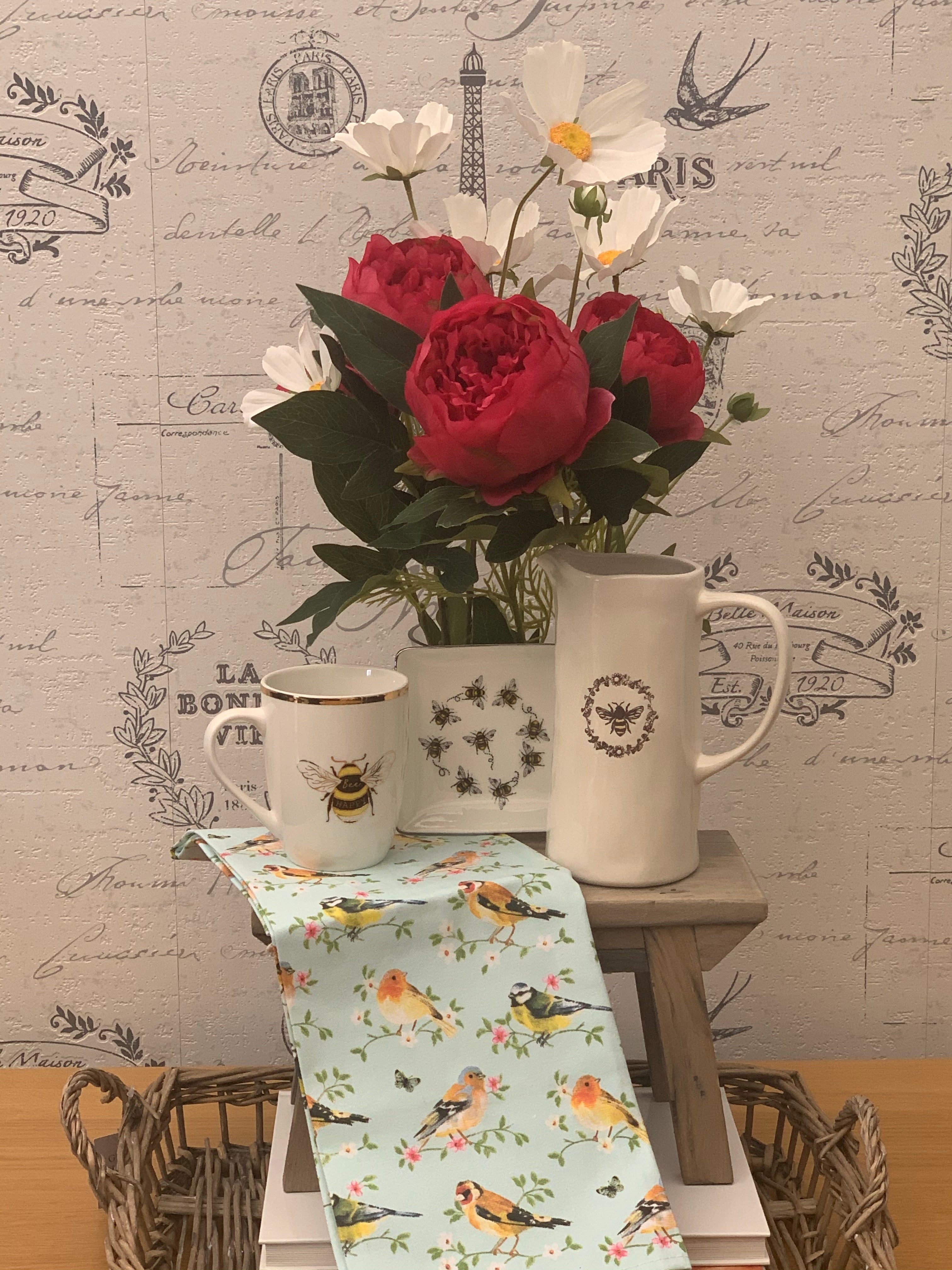 Birds & Blossom Tea Towel by Sable Homeware — soft botanical print for kitchen use.