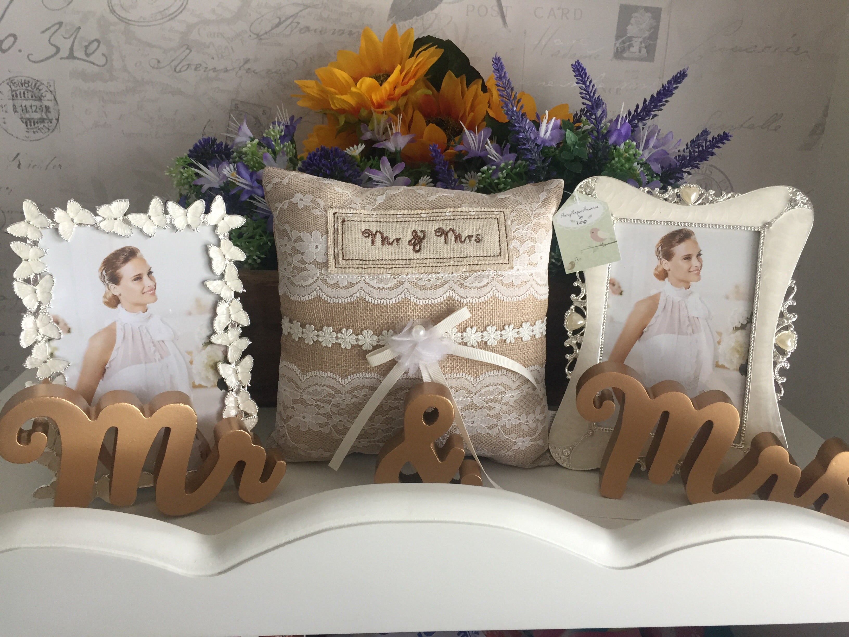 Shabbyquins Mr & Mrs wedding cushion with embroidered lettering, soft fabric, and decorative design for wedding decor.