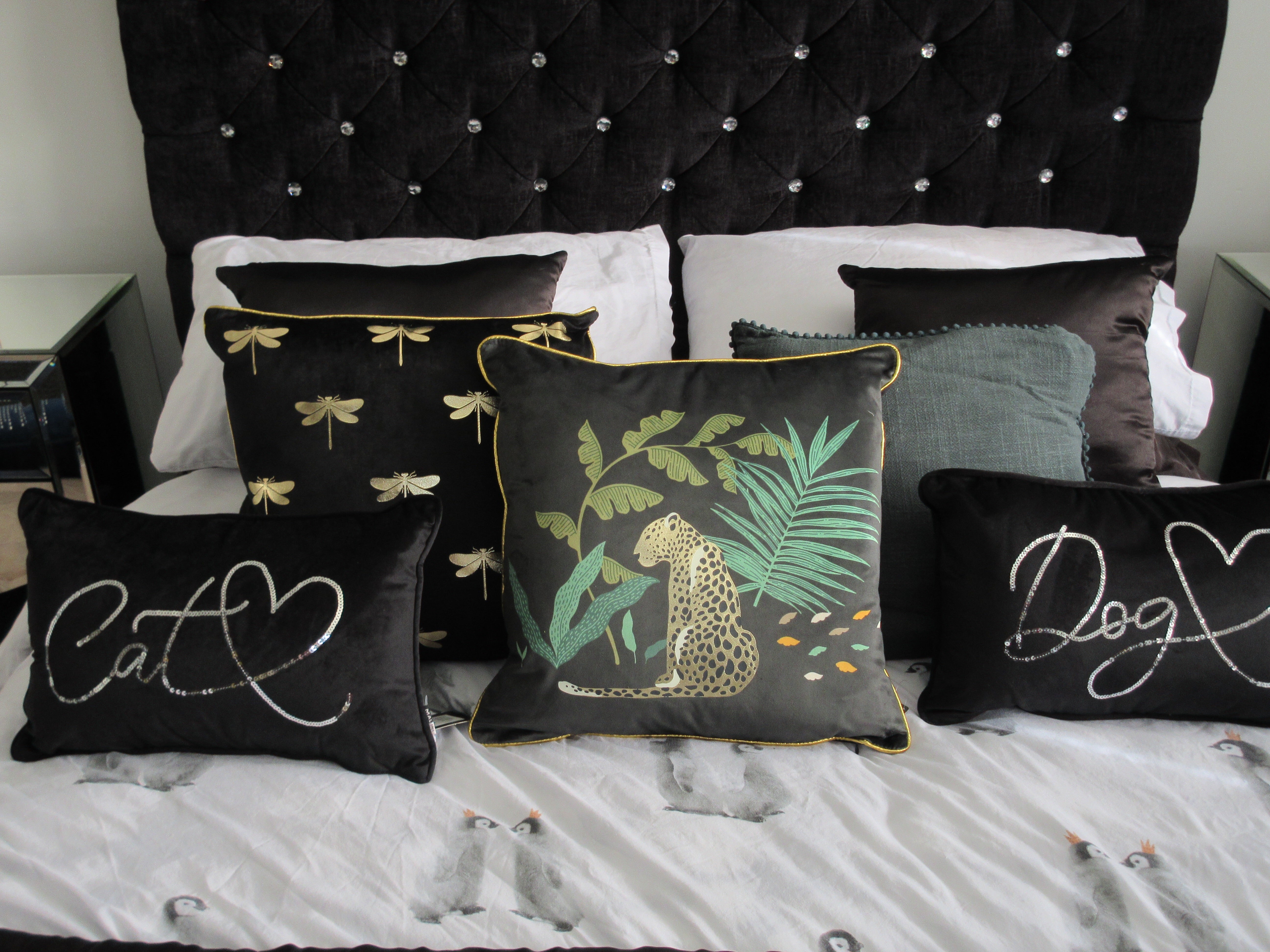 Black velvet sequin cushion featuring a cat or dog design by Sable Homeware, soft and decorative pet-themed cushion for home decor.