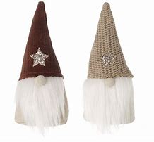 Pair of natural and fawn knitted fabric gonk decorative ornaments with soft, cozy textures and whimsical features.