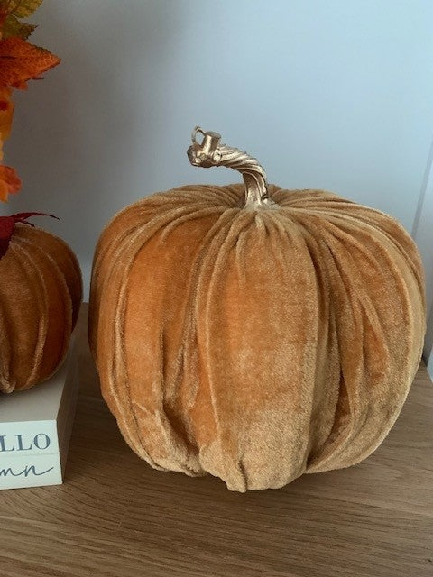 Large orange velvet pumpkin decorative ornament by Shabbyquins, showcasing soft fabric texture and festive autumn style.