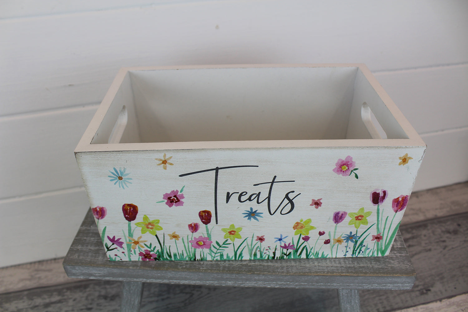 Spring floral wooden crate used as a decorative trinket dish with a rustic, vintage look by Shabbyquins.